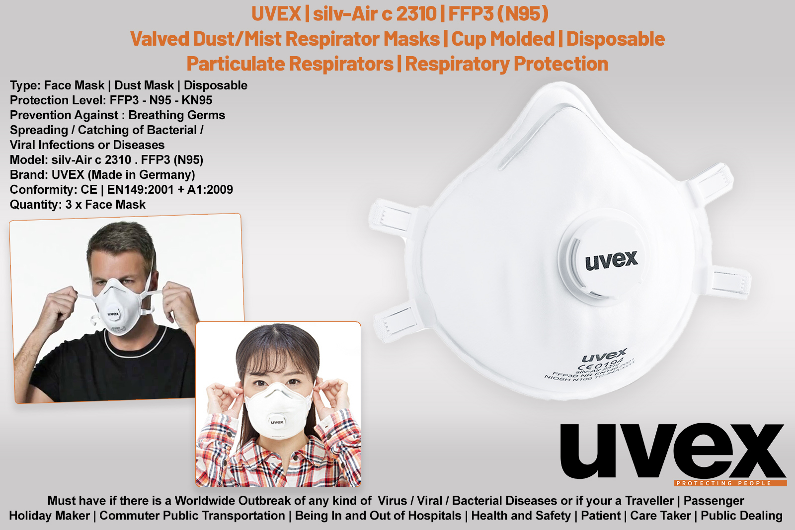 CORONA VIRUS COVID-19 Outbreak | Uvex Mask silv-Air c 2310 N95 FFP3 | GERMS Filter Dust Face Mask | Particulate Respirator | Qty 3 pc